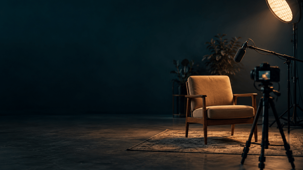 An empty chair facing a camera and microphone under a single soft studio light.